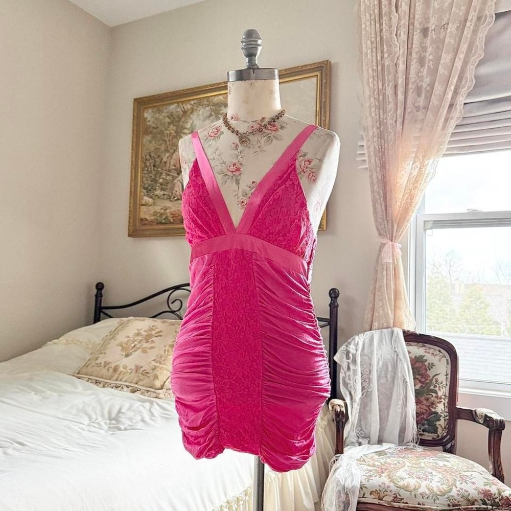 Y2k pink ruched mini dress Y2K hot pink ruched mini dress Fam size